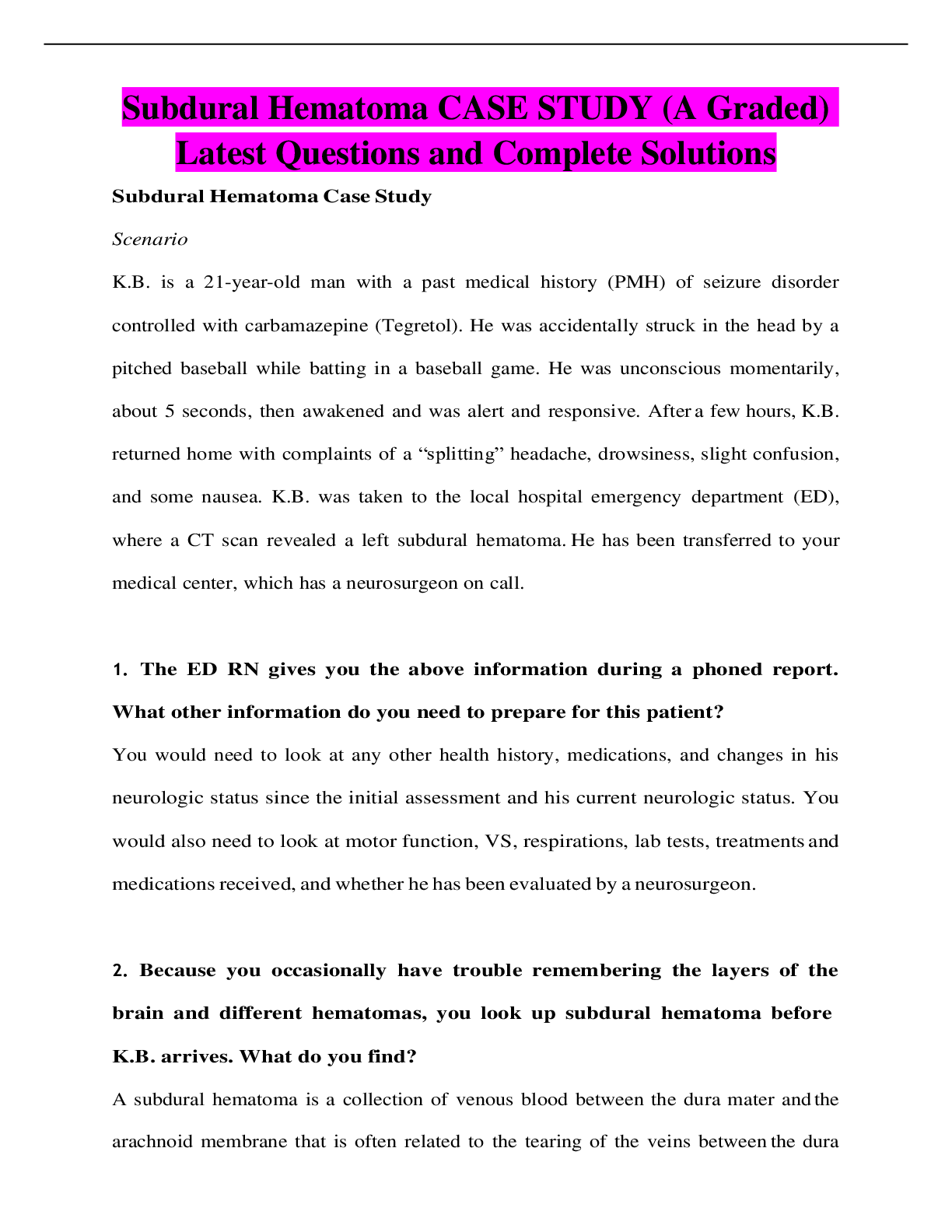 Preview image for Subdural Hematoma CASE STUDY (A Graded) Latest Questions and Complete Solutions